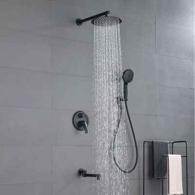 Le système de douche à pluie avec bec de baignoire 3 fonctions de robinet de douche contient une pomme de douche de 10 pouces et un ensemble de garniture de douche à main, cartouche de valve incluse