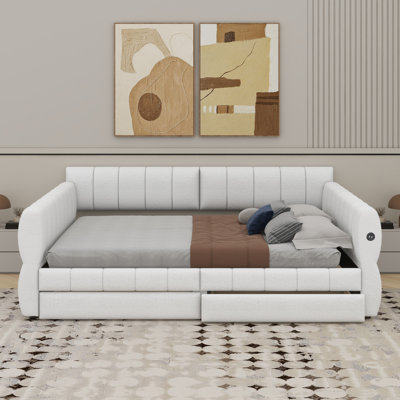 Queen Size Upholstered Platform Bed With USB And Drawers