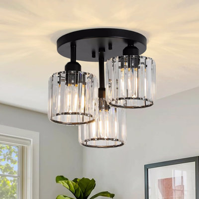 Modern Semi Flush Mount Ceiling Light,3-Light Crystal Close To Ceiling Light Fixtures, Kitchen Light Fixtures With Clear Crystal Shade