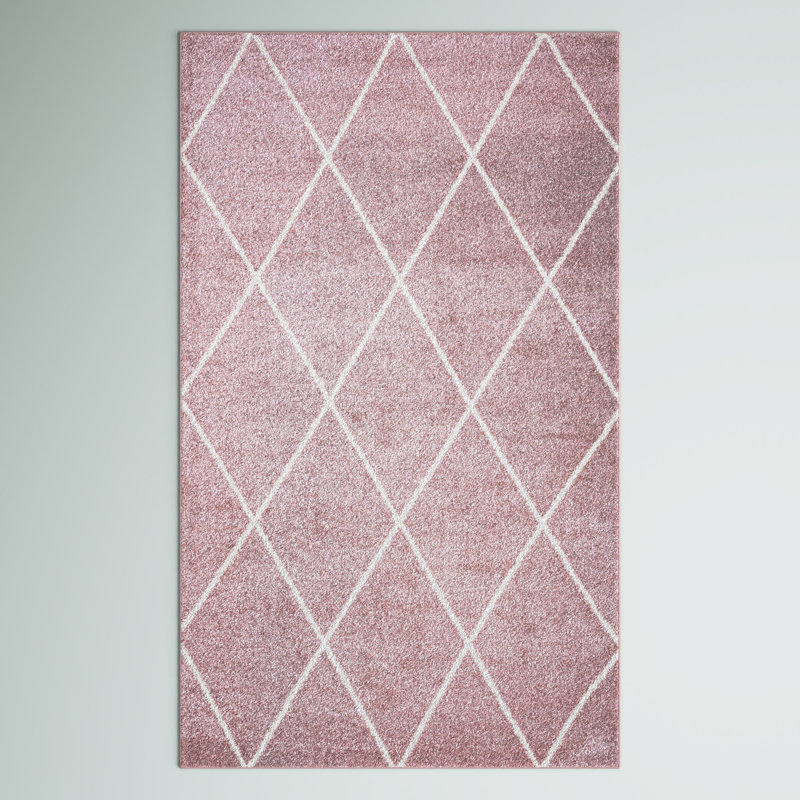 Tapis rose / blanc à motif de treillis diamant minimaliste Bertrice, Rectangulaire 3 pi x 5 pi