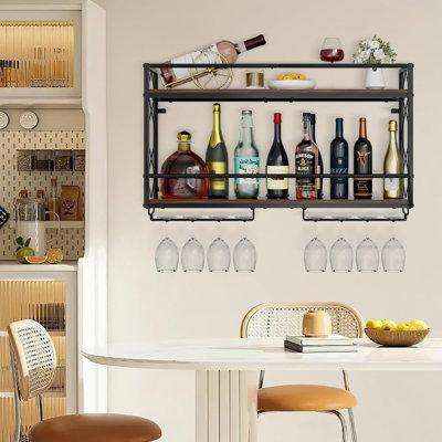 Support à vin mural à 2 niveaux avec support pour verres, barre transversale anti-chute à double couche, support à vin mural en bois et métal 31,5 po pour la cuisine, la salle à manger, le café, le bar, noir