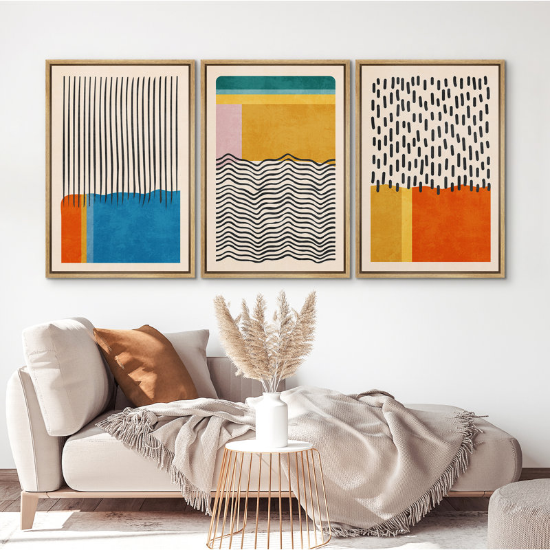 Abstract Vibrant Color Blocks " Mid-century Modern Multicolor Block Colorful Framed Abstract Geometric Canvas Print Wall Art " 3 - Pieces