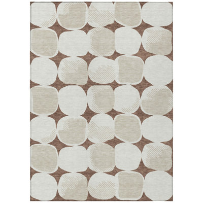 3' X 5' Brown Beige And Ivory Abstract Washable Indoor Outdoor Area Rug