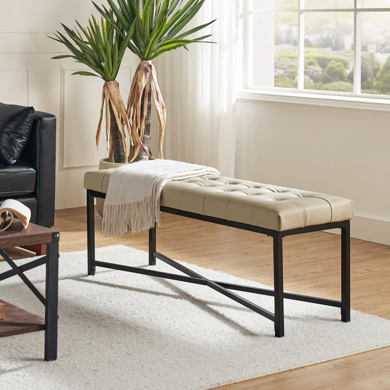 Anahli 50.5'' W Modern Genuine Leather Bench with Button-tufted and Metal Legs, Beige