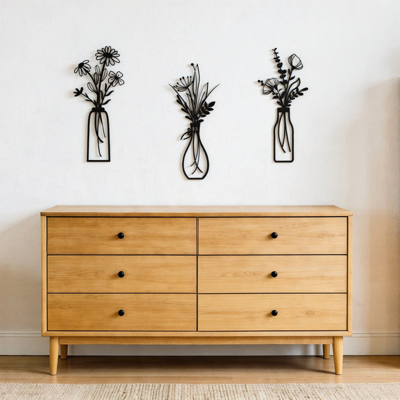  3-Piece Metal Flower Wall Art Set, Minimalist Boho Wall Decor, Black