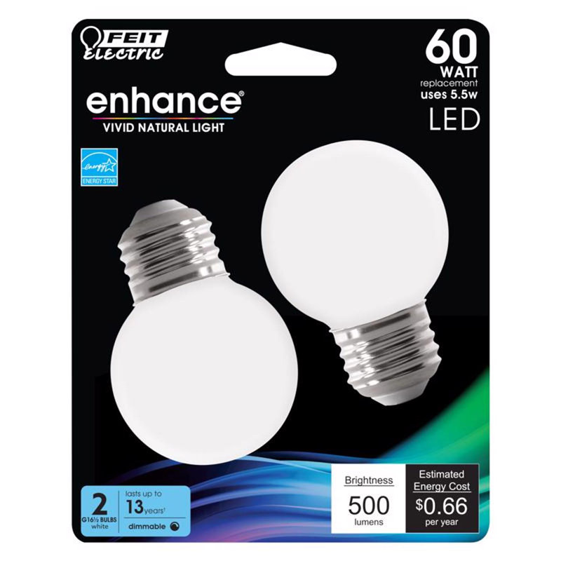 Ampoule DEL à filament moyen Feit E16 G16.5 E26 (moyenne), équivalente à 60 watts, paquet de 2