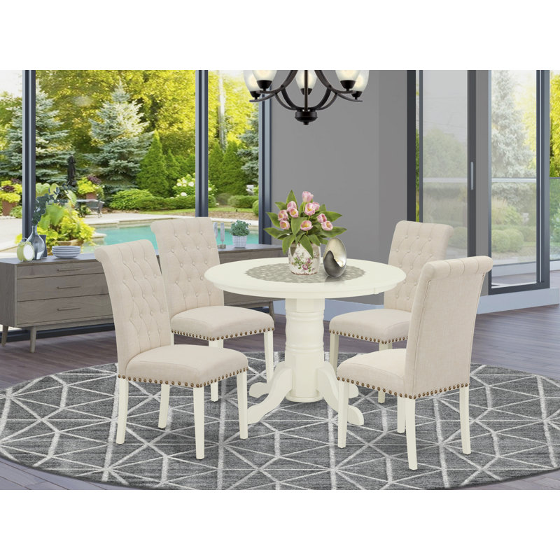 Ensemble de table de salle à manger 5 pièces comprenant une table de cuisine ronde avec piédestal et 4 chaises de salle à manger Parson en tissu beige clair, 42 po x 42 po, lin blanc