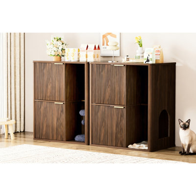 Walnut 31.5 - Inch Cat Litter Cabinet With A Tree, Dual Entry Doors, And Storage Shelf. It Hides Box In Mid Century Modern Design, Allows Cats To Enter Freely, Provides Cozy Scratching Resting Space.