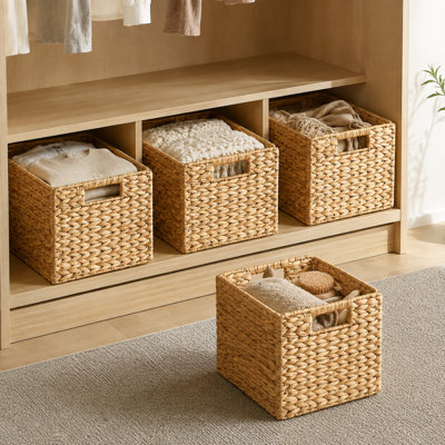 4‑pack large water hyacinth wicker storage baskets with handles, hand‑woven rattan cube organizer bins for shelves, closet and household space organization