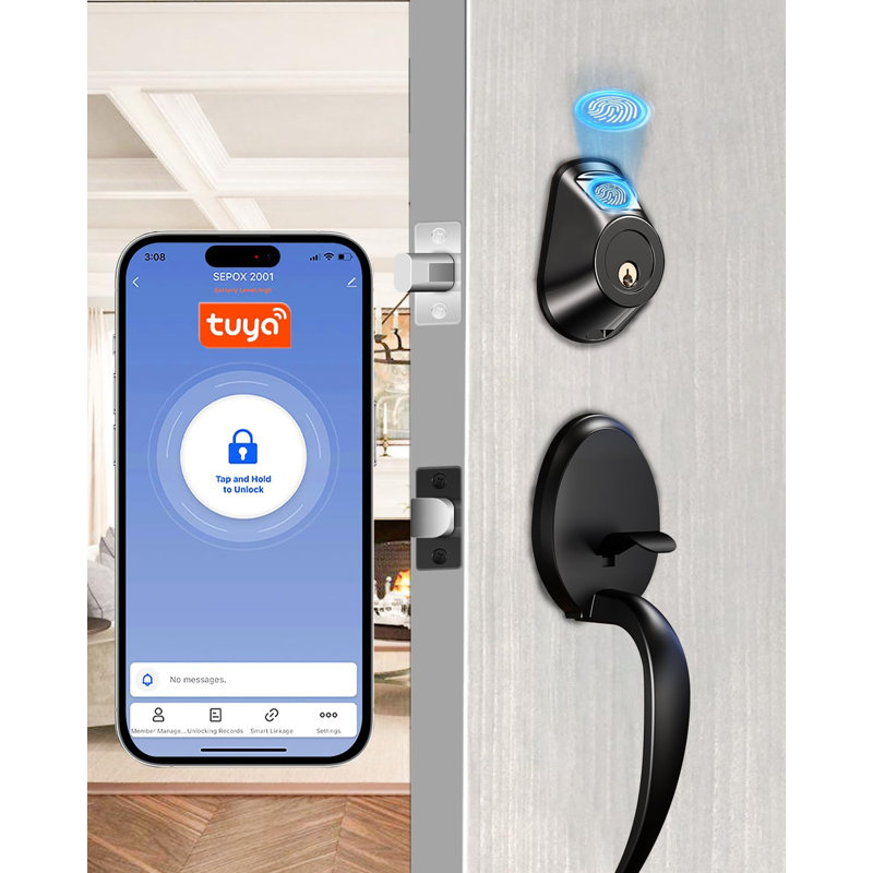 Serrure de porte à pêne dormant intelligent en nickel satiné SEPOX®, entrée sans clé 5-en-1 (empreinte digitale, Tuya APP, Wi-Fi, Bluetooth, clé), verrouillage automatique, réversible gauche à droite pour la porte d'entrée extérieure / intérieure