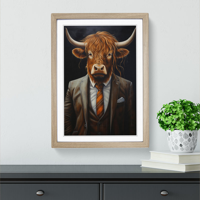 Highland Cow In A Suit Painting No.2 - Single Picture Frame Print on Wood, Oak Framed, 46cm H x 34cm W x 2cm D