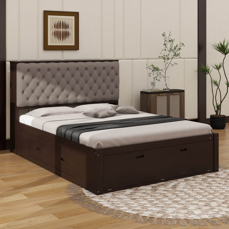 Lit plateforme élégant en bois avec tête de lit, Espresso