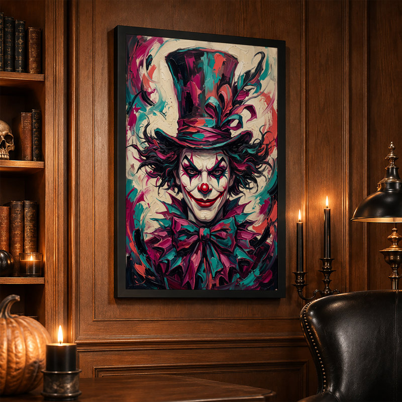 Art mural sur toile clown avec chapeau haut de forme et nœud papillon en bleu sarcelle et rose, H 24 po x l 16 po