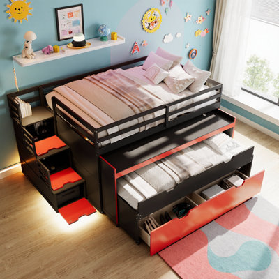 Loft Bed with Pull-Out Desk and Twin Trundle, Drawers and Steps