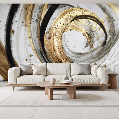 Peel and Stick Wallpaper Gold Foil Abstract Black Line Art Gallery Wall Decor Interlocking Wall Murals 69"H x 96"W Removable PVC Wall Paper Self-Adhesive Wall Decor for Bedroom Living Room Home Office