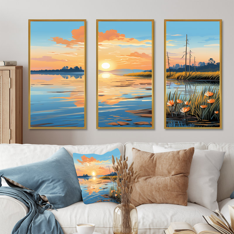 Coucher de soleil océan mosaïque - art mural Pop Art, Cadre flottant doré, H 40 po x l 61 po x P 1 po