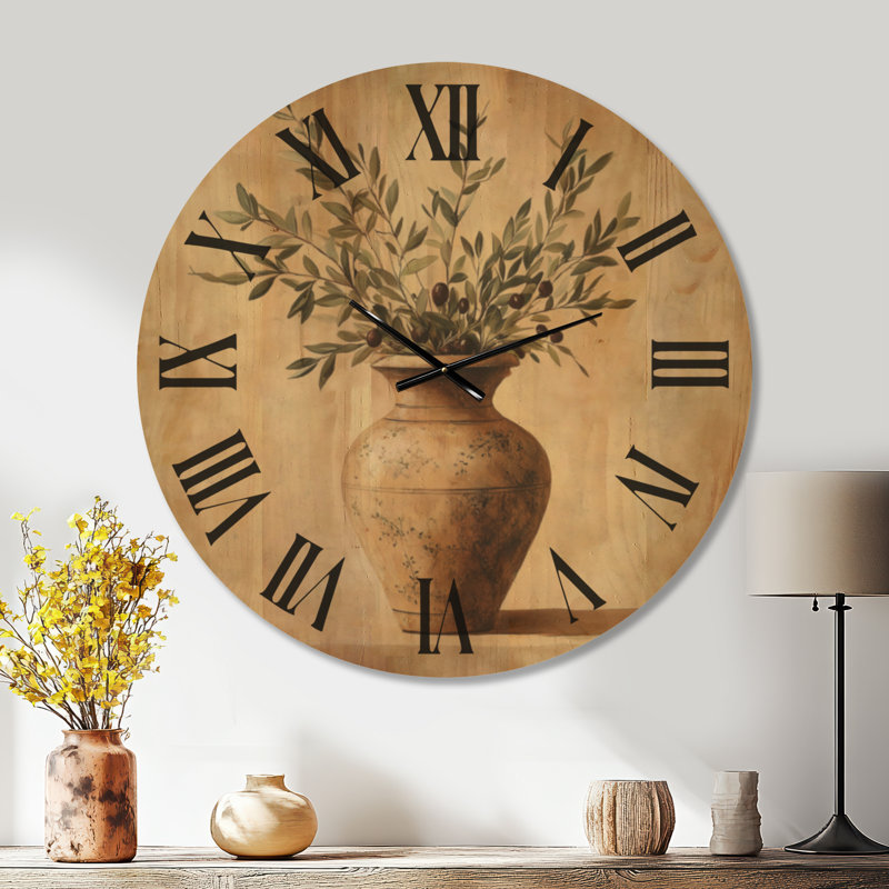 Horloge murale surdimensionnée en bois de poterie - Urne antique rétro avec branches olive, Oversized
