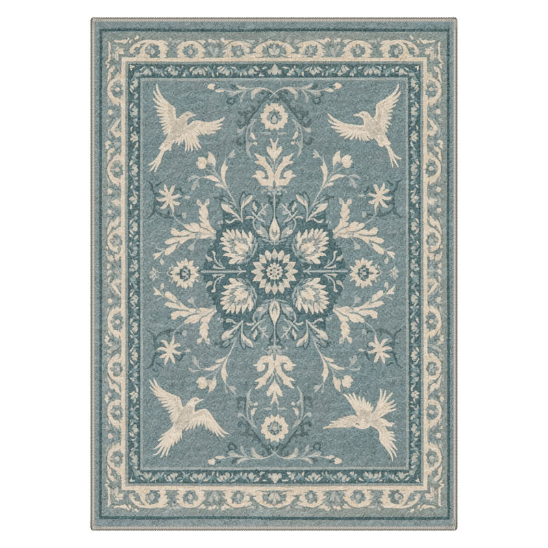 Tapis vert / beige lavable à la machine avec envers antidérapant Aarna, Rectangle 6 pi x 9 pi