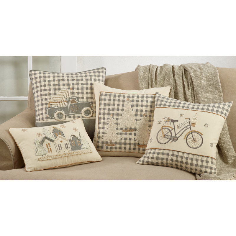 Gray Plaid Christmas Trees 18" Cotton Throw Pillow