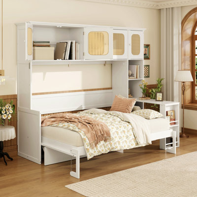 Full Murphy Bed With Desk And Rattan Cabinets, Space-Saving Wall Bed For Home Office