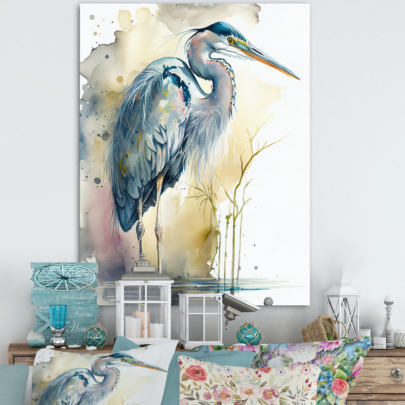 Héron au bord de l'eau, aquarelle III - héron, art mural, H 20 po x l 12 po x P 1 po, Toile tendue