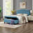 Button Linen Storage Bench With Blue Cover And Solid Wooden Construction Fabric Upholstered In Secure Legs