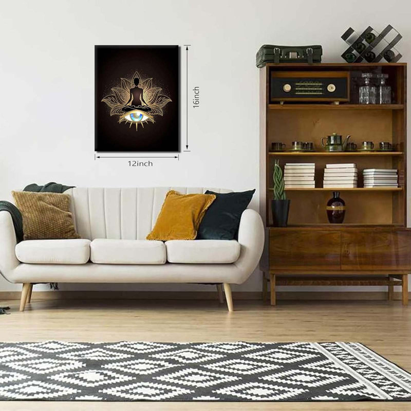 Framed Yoga Meditation Canvas Wall Art Spiritual Lotus Flower Print Picture with Eye Zen Mindfulness Painting spiritual Energy Poster for Living Room Bedroom Office Décor 12x16 Inches