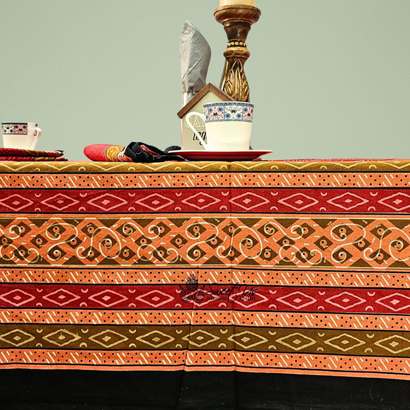 Cotton Geometric Print Hand Block Printed Tablecloth Collection, 60" Square