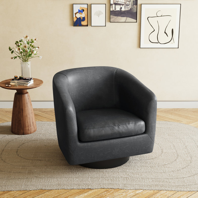 Bennett 79Cm Wide Swivel Barrel Chair, Black Faux Leather
