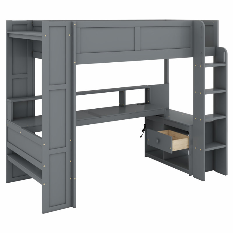 Lit mezzanine pratique en bois, bureau intégré, tablettes, lumière DEL et station de charge