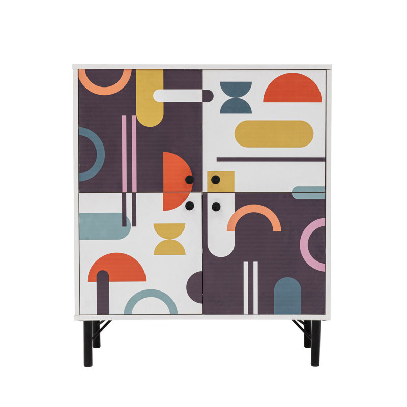 Modern Multi-Purpose Cabinet, White & Brown with Purple & Mustard Accents, 37.4 x 43.7 x 14.2 inches | 100% Melamine Coated Particle Board, Metal Legs, UV Coating | Numerous Shelves, Wall-Mountable, Stylish & Functional Storage Solution