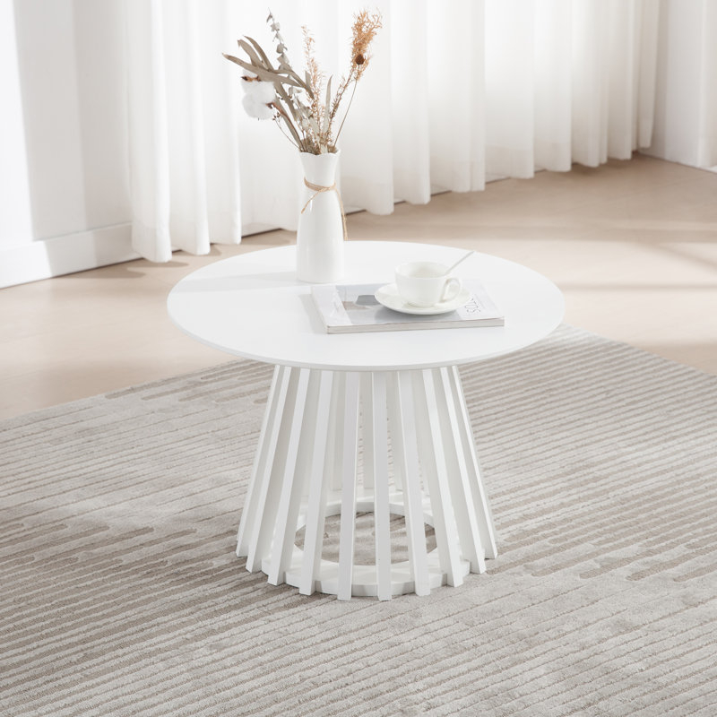 Rilma Solid Wood Base Single Coffee Table, Round Coffee Table for Living Room, White
