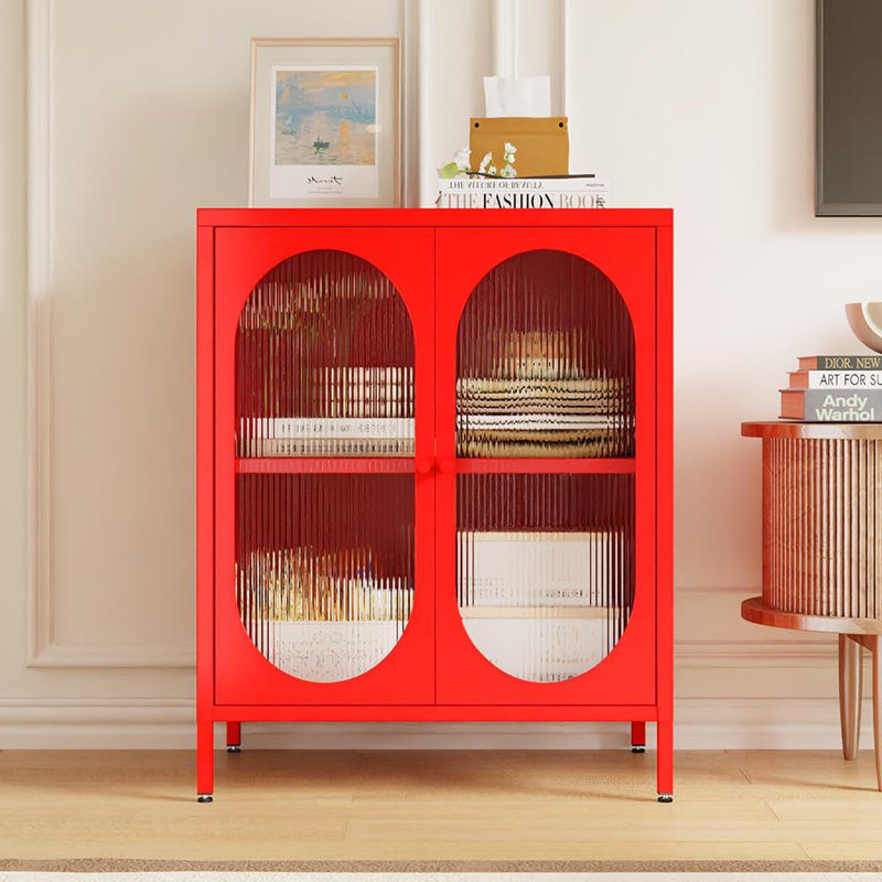 Small 2 Transparent Door Metal Storage Side Buffet Cabinet For Bed Room,Living Room,Entryway,Hallway,Home,Hotel,Office,Garage,Kitchen,2 Removable Shelf.
