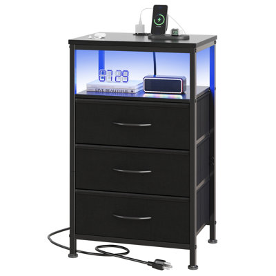 3-Drawer Iron Nightstand with Storage and Built-In Outlets