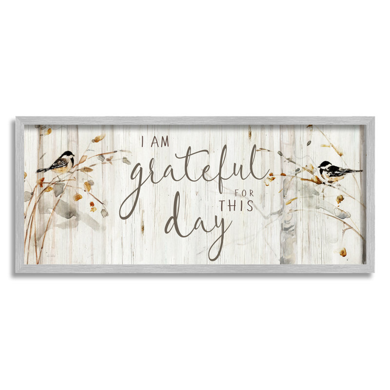 «Grateful For This Day», phrase encadrée sur bois par Sally Swatland, impression, L 10 po x H 24 po, gris