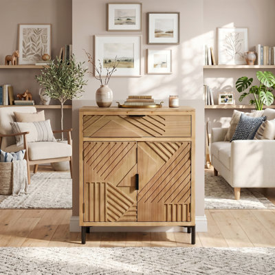 Armoire d'appoint géométrique texturée brun antique, buffet de rangement autoportant avec 1 tiroir, portes doubles et tablette intérieure, fabrication en panneau de fibres à densité moyenne en bois massif pour le hall d'entrée
