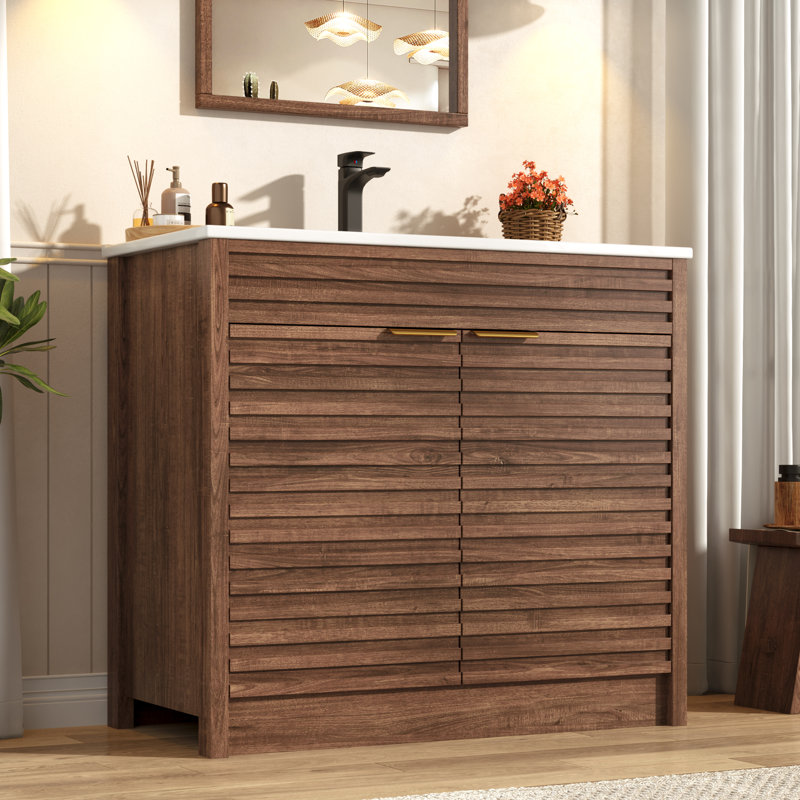 Bathroom Vanity With Sink, Faucet, Door Shelves And Open Side Shelves, Walnut, 36"
