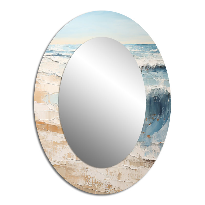 Tranquillité de la plage dorée et bleue I - Miroir mural ovale décoratif beige, 40" x 30"