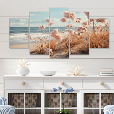 «Ocean Spring Bliss Tender Pastel Beach Grass I», reproduction d'art mural plage - 5 panneaux