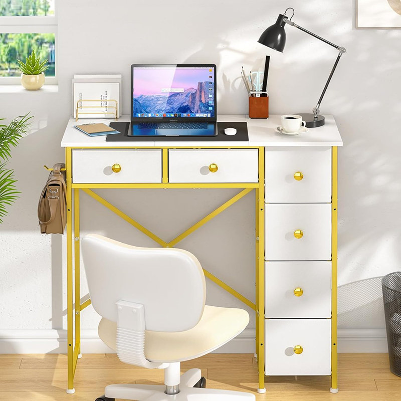 Petit bureau d'ordinateur avec 6 tiroirs, table de travail de 32 pouces pour le bureau personnel, bureau d'écriture avec rangement, bureau d'étude compact pour les petits espaces, bureau d'étude pour enfants pour la chambre à coucher, blanc et doré