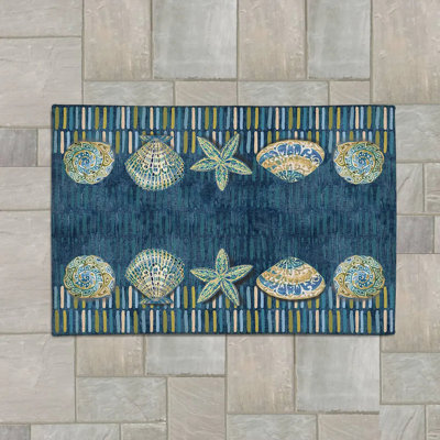 Tapis intérieur / extérieur bleu / beige en chenille embelli