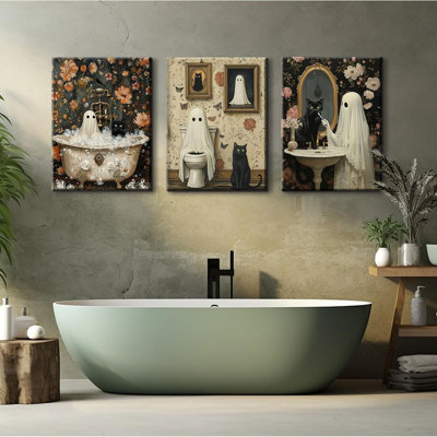 Halloween Gothic Wall Art Decor Bathroom Goth Funny Canvas Poster Dark Academia Wall Decor Horror Ghost Pictures Spooky Witchy Prints Cute Black Cat Paintings for Bathroom 12x16x3 Inch Wrapped Canvas