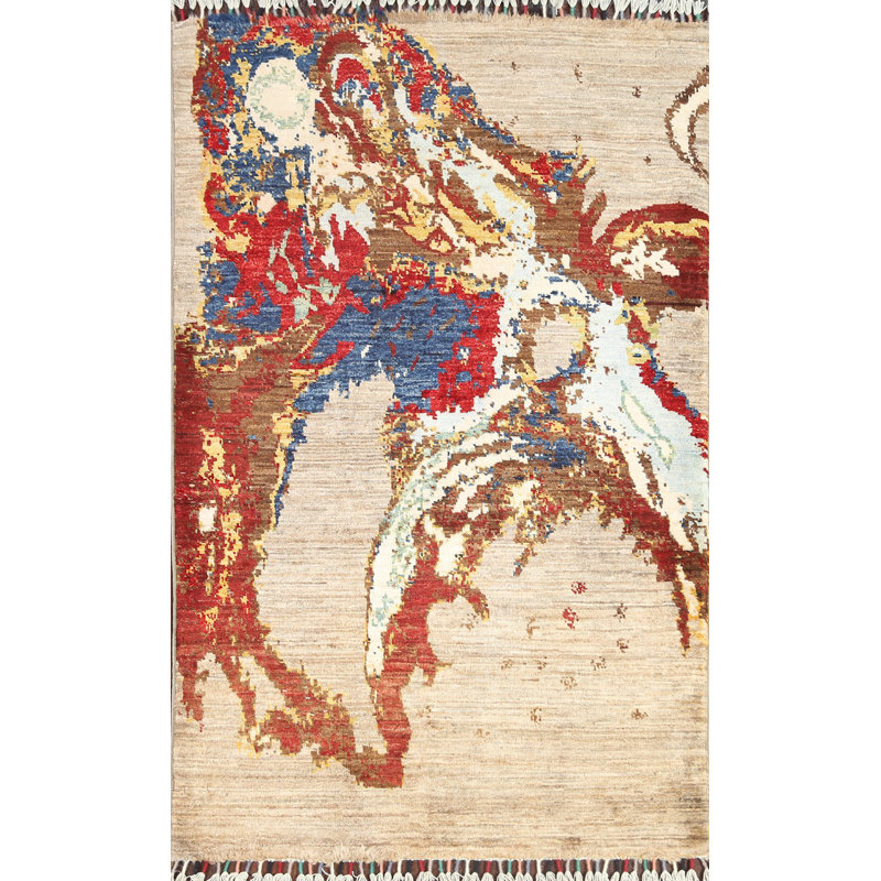 Tapis oriental contemporain abstrait noué à la main 3 x 4