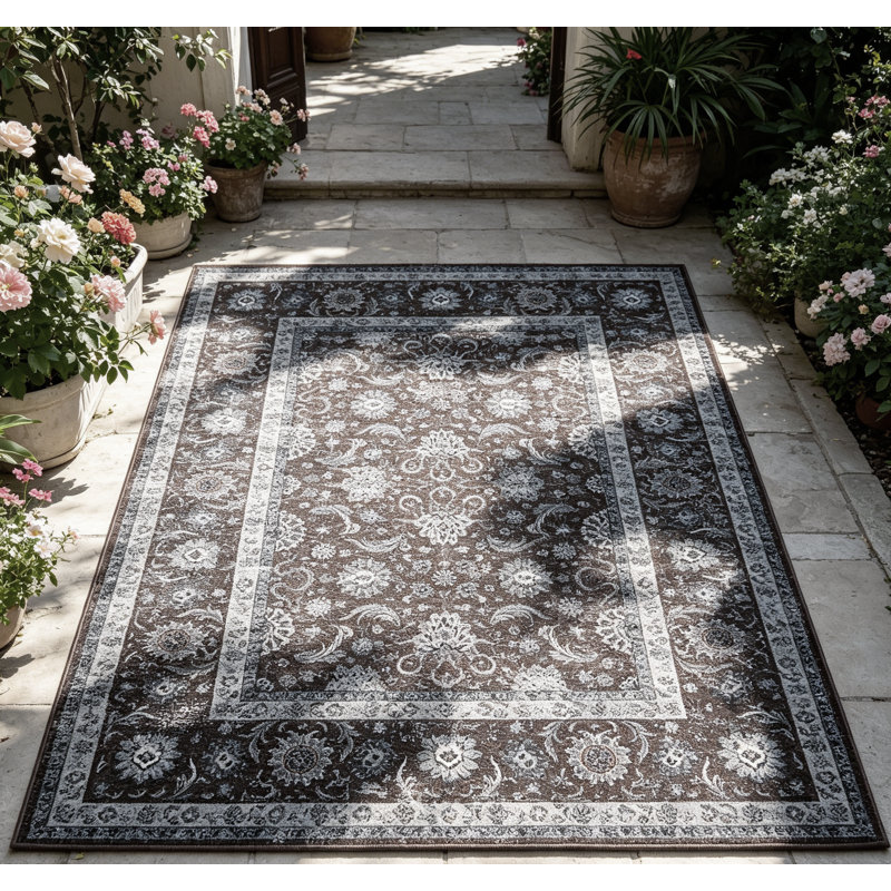 Boho Vintage Floral Area Rug Machine Washable Low Pile Retro Carpet for Living Room Bedroom Dining Room Home Office, Brown
