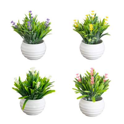 5 po Mini arrangement floral artificiel lavande en fleurs dans un pot décoratif ovale blanc - ensemble de 4