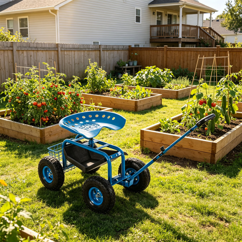 Garden Cart with Rolling Work Seat Tool Tray and Storage Basket on Wheels Heavy Duty Garden Scooter Gardening Planting (Blue)