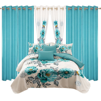 Ensemble d'édredon pour grand lit 9 pièces, lit de luxe toutes saisons dans un sac pour la chambre à coucher, avec rideaux assortis, microfibre douce, fleur de saphir
