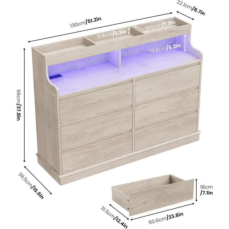 6 Drawer Dresser for Bedroom with LED Lights & Charging Station, 51.2" Wide Dresser with Open Shelf for Living Room, Bedroom