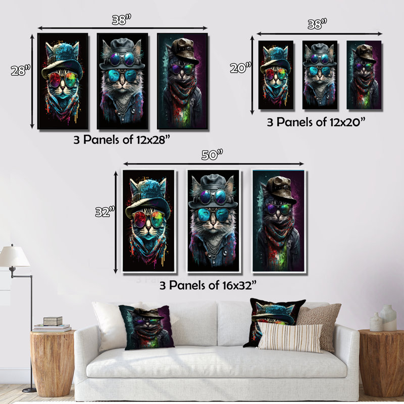 «Chat froid avec des lunettes de soleil amusantes et un chapeau», 3 pièces sur toile, H 28 po x l 36 po, Cadre flottant blanc
