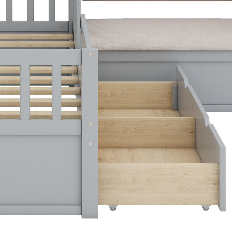 Lit simple avec canapé, lit plateforme pour enfants avec deux tiroirs et une tablette, Gris